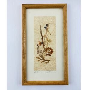 Vintage Dried Pressed Wild Flower Wall Art Solid Wood Frame Artist Signed 12.5"